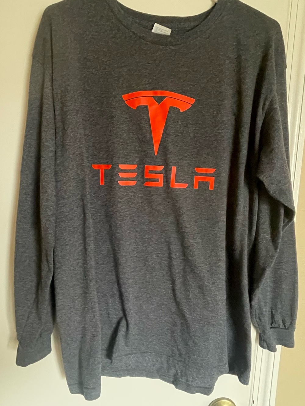 Tesla Charcoal Long Sleeve Cotton Blend Tee Shirt Red Big Logo Unisex